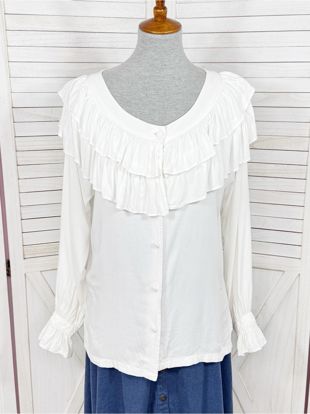 Ellen Ashley Tiered Ruffle Neck Flutter Cuff Blouse White Small Poet Boho Pirate